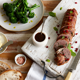 Bacon-wrapped Lamb with Apricot Maple Sauce